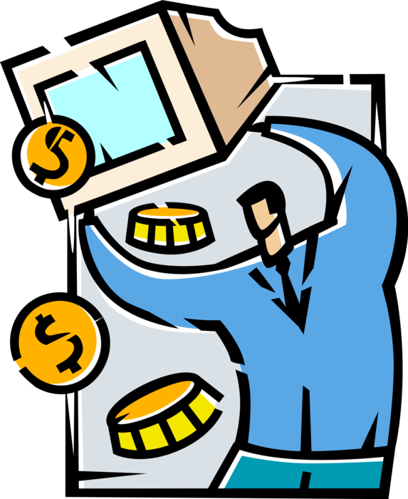 Vector Illustration of Businessman Shakes Financial Profit Money Coins from Information Technology Internet Online Computer