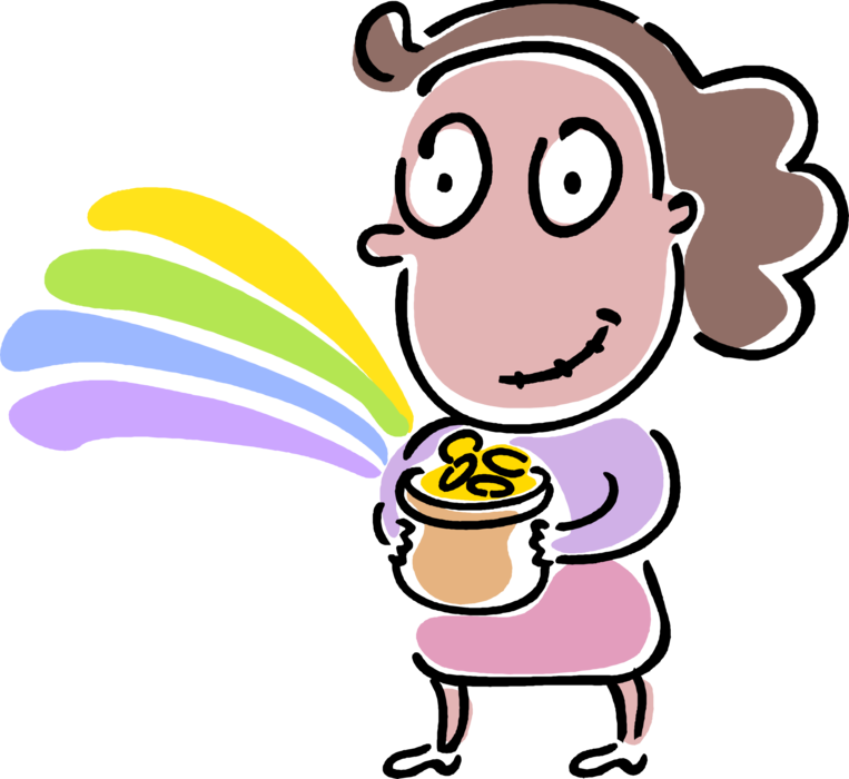 Vector Illustration of Businesswoman Achieves Financial Success with Pot of Gold at End of Rainbow