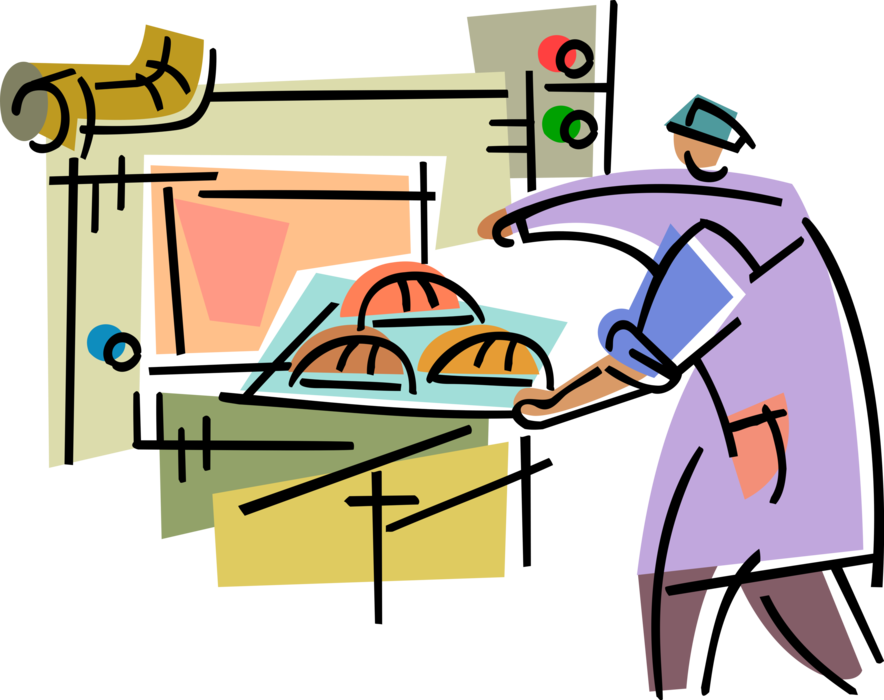 Vector Illustration of Baker Bakes Fresh Bread Loaves in Bakery Oven