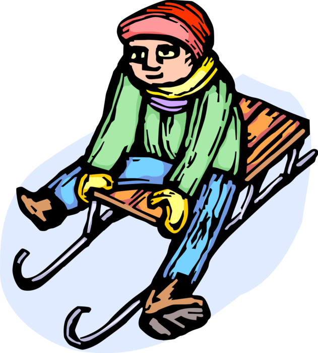 Vector Illustration of Child Rides Sled Sleigh Toboggan Down Hill in Winter