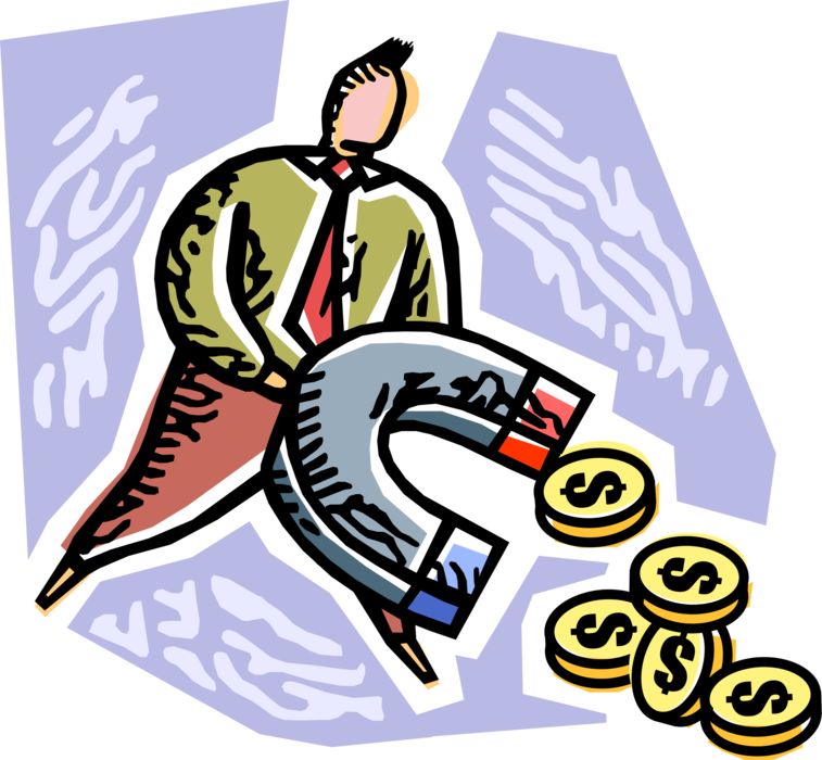 Vector Illustration of Businessman Attracts Financial Cash Money Profits with Magnet