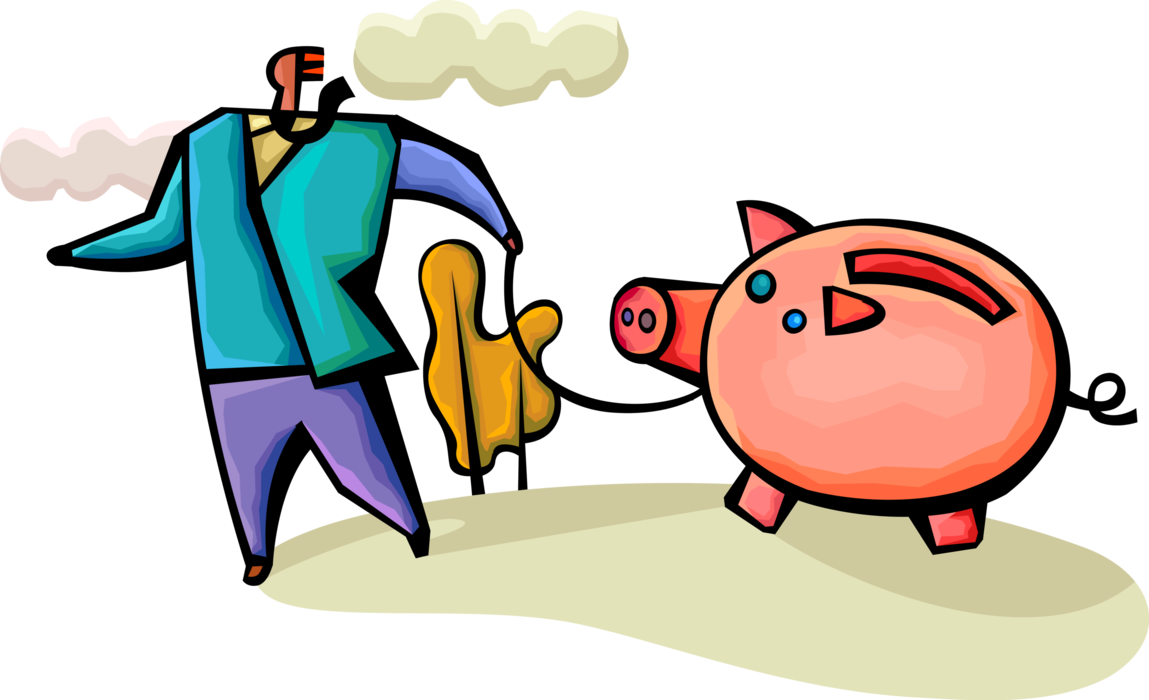 Vector Illustration of Businessman Manages Personal Financial Investment Savings with Piggy Bank on Leash