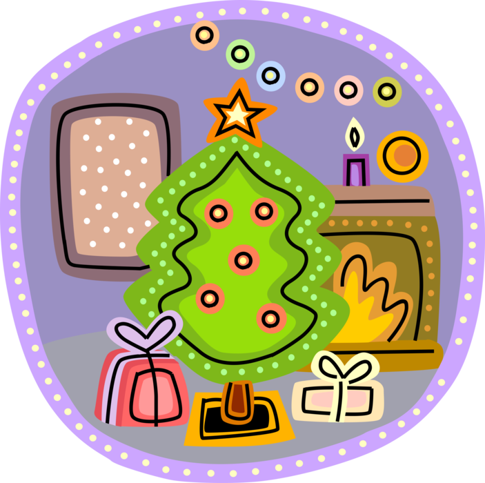 Vector Illustration of Evergreen Christmas Tree with Presents and Fireplace Hearth