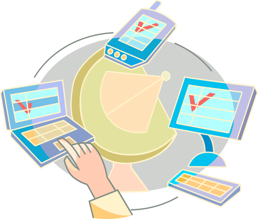 Vector Illustration of Global Telecommunications via Connected Network Computer Devices and Satellite Communications