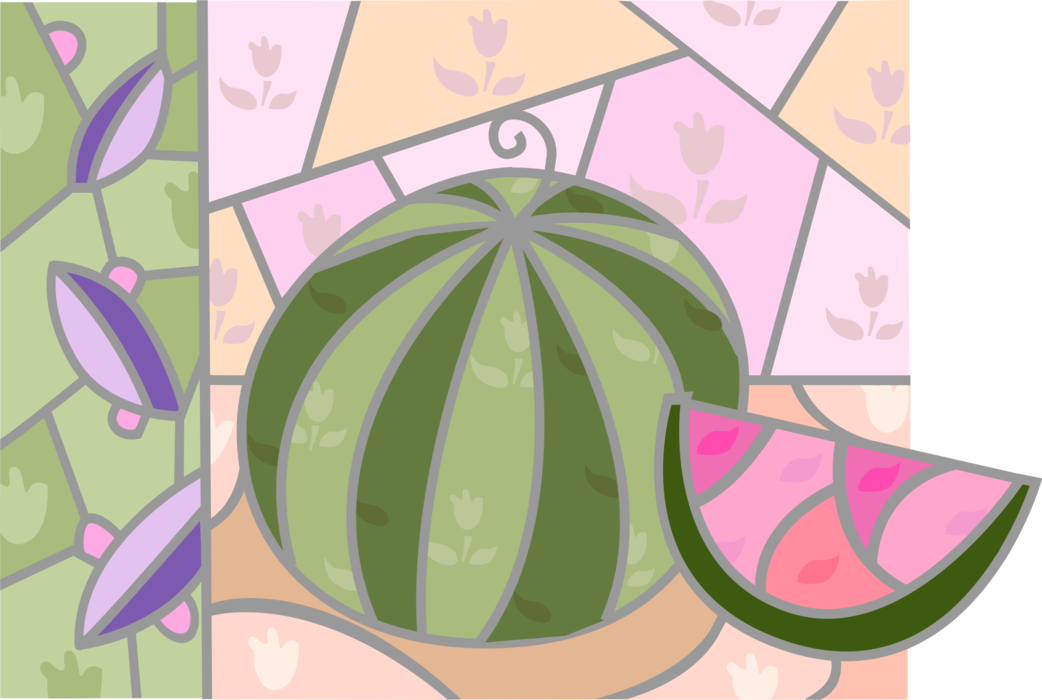 Vector Illustration of Sliced Watermelon Fruit on Floral Ceramic Tiles