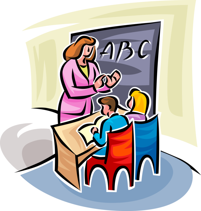 Vector Illustration of Teacher in Classroom Teaches Deaf Students Manual Communication Sign Language