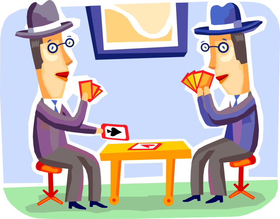 Vector Illustration of Businessman with Poker Face Plays Casino and Gambling Games of Chance with Playing Cards