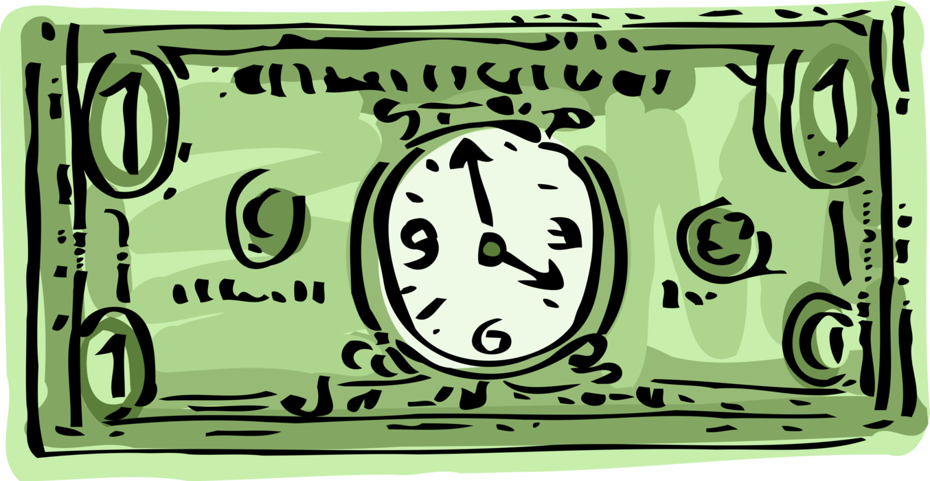Vector Illustration of Fluctuating Dollar Cash Paper Money Currency Monetary Currency of the United States with Clock