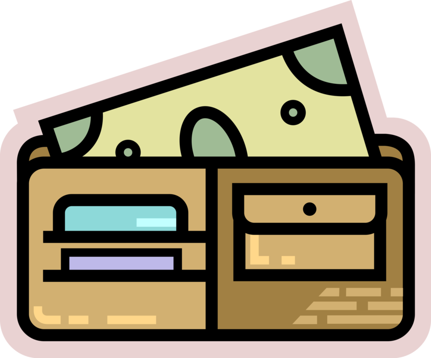 Vector Illustration of Wallet, Pocketbook or Billfold Carries Personal Items of Cash, Credit Cards, Identification Documents