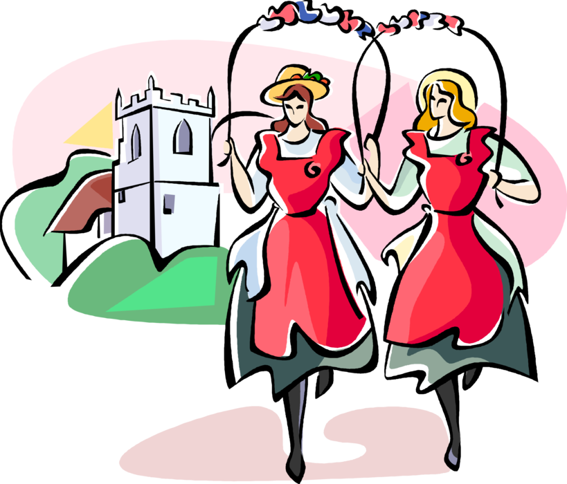 Vector Illustration of English Folk Dance Morris Dancers in Traditional Costumes