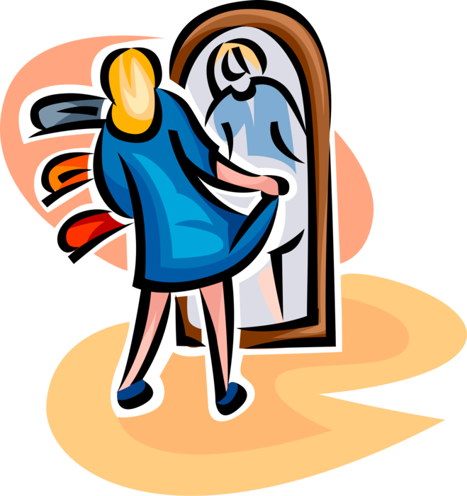 Vector Illustration of Retail Fashion Shopper Tries on New Dress in Front of Store Mirror