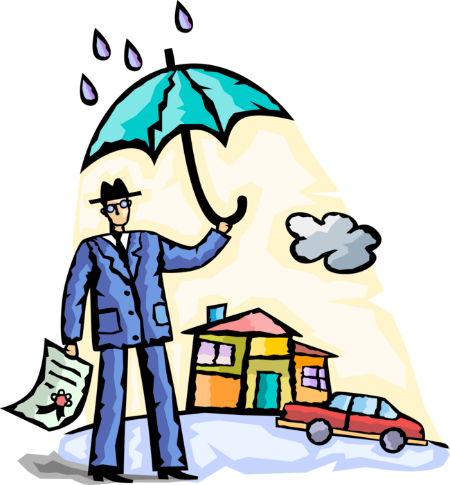 Vector Illustration of Businessman with Homeowners Insurance Umbrella Coverage for Residence Home and Automobile Car