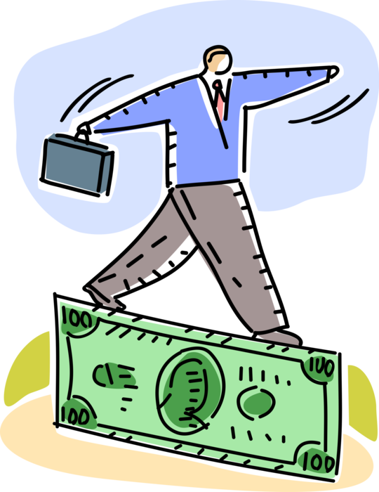 Vector Illustration of Businessman Financial Analyst Balances and Walks Finance Cash Money Dollar Tightrope 
