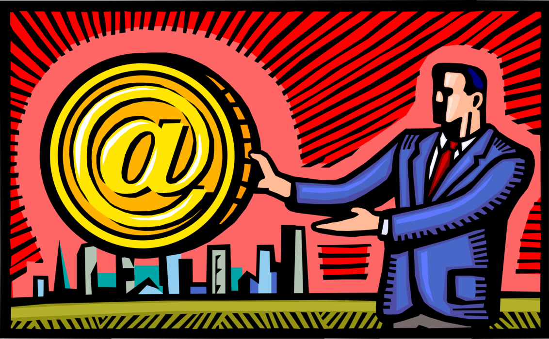 Vector Illustration of Businessman Champions Internet Electronic Mail Email Correspondence @ Symbol for Corporate Communications