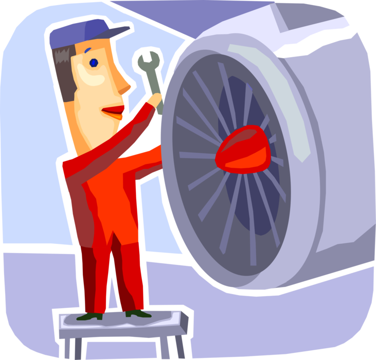 Vector Illustration of Airline Airplane Service Mechanic Fixes Jet Airplane Engine with Wrench