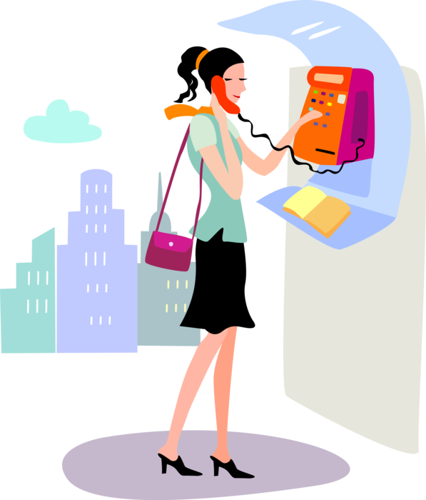 Vector Illustration of Young Woman Makes Call from Public Pay Phone Telecommunications Telephone