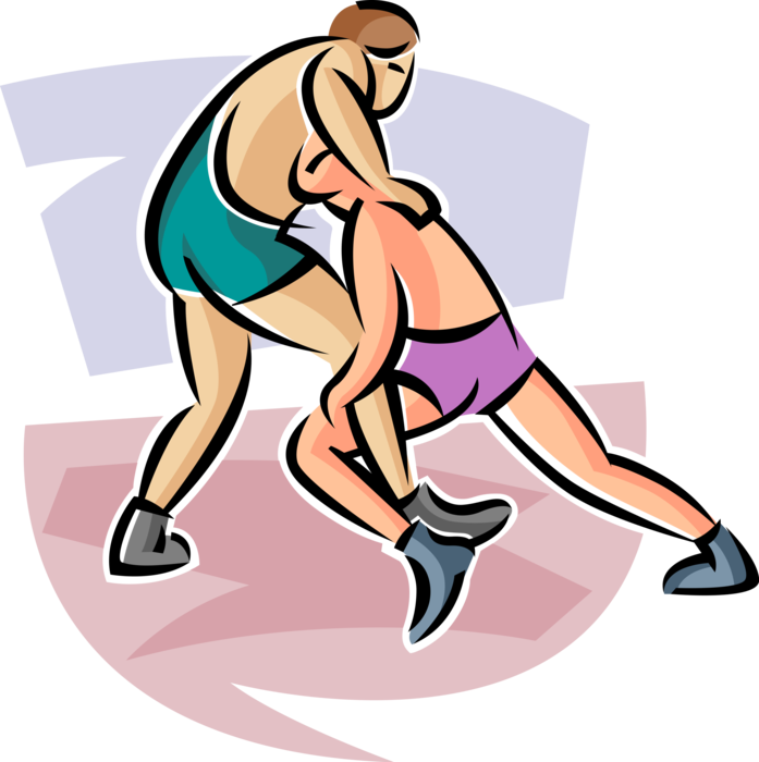 Vector Illustration of Wrestlers Wrestle During Competitive Wrestling Match