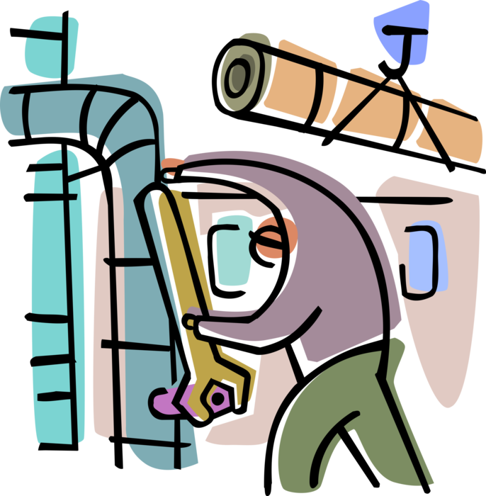 Vector Illustration of Construction Worker Tightens Bolt with Wrench Tool in Industrial Factory