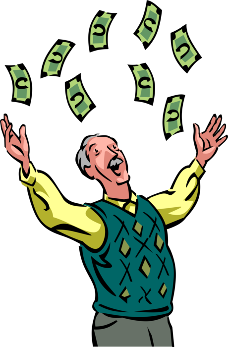 Vector Illustration of Retired Elderly Senior Citizen Celebrates Winning Lottery and Tosses Cash Money Dollars in Air