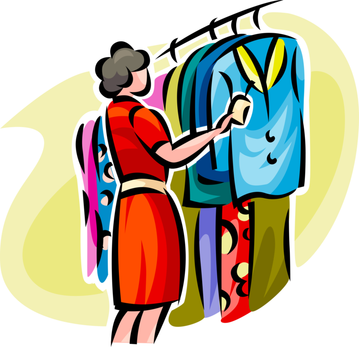 Vector Illustration of Shopper Shops for Clothes Apparel Garments at Retail Clothing Store in Shopping Mall