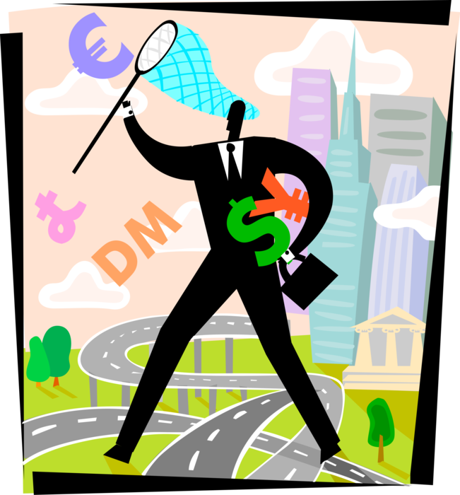 Vector Illustration of Businessman Catches International Finance Currency Symbols in Global Economy Cityscape