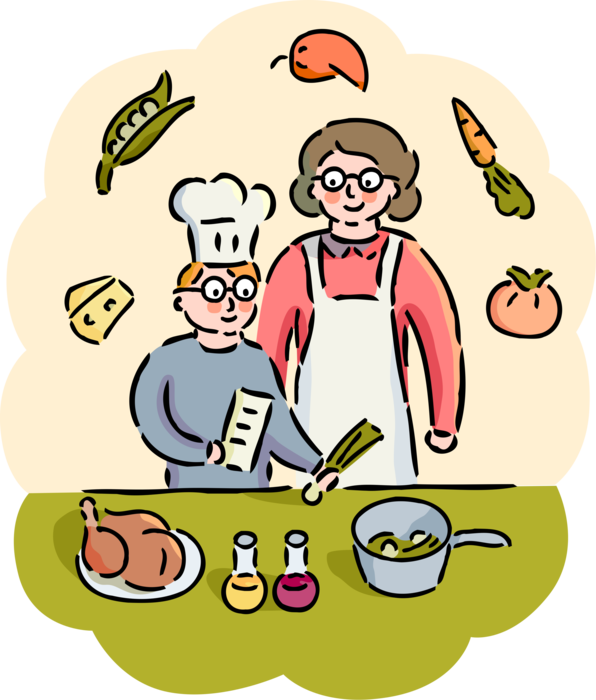 Vector Illustration of Mother Teaches Chef Son Culinary Cuisine Cooking and Dinner Meal Preparation