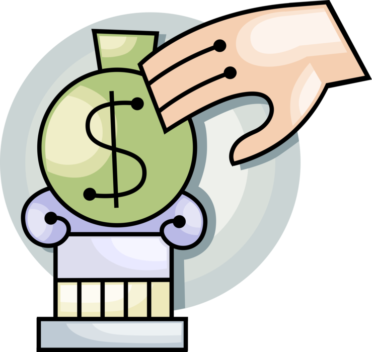 Vector Illustration of Hand Invests Money Bag, Money Bag, or Sack of Money on Classical Greek Column Pedestal