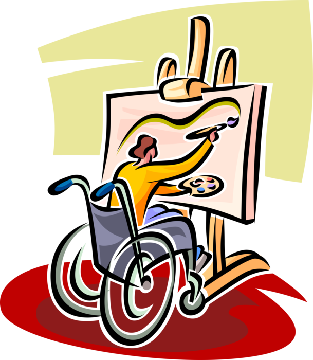 Vector Illustration of Visual Artist in Handicapped or Disabled Wheelchair Artist Painting Picture