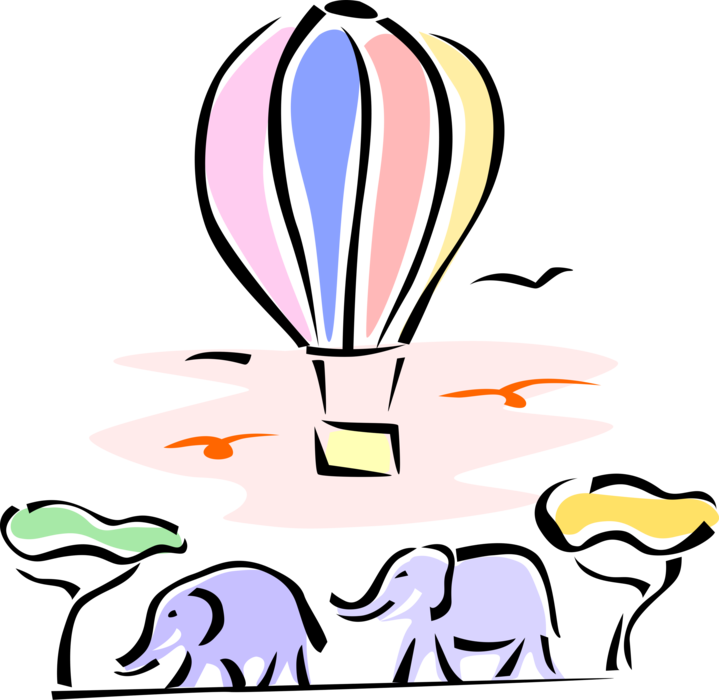 Vector Illustration of Elephants on African Savanna with Tourist Hot Air Balloon Overhead