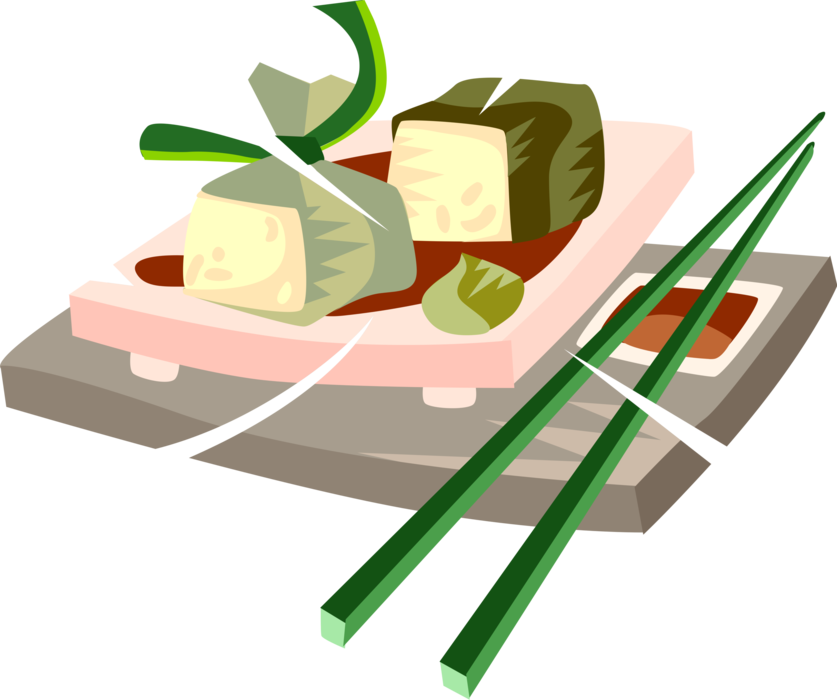 Vector Illustration of Japanese Vinegared Rice Sushi with Wasabi and Chopsticks