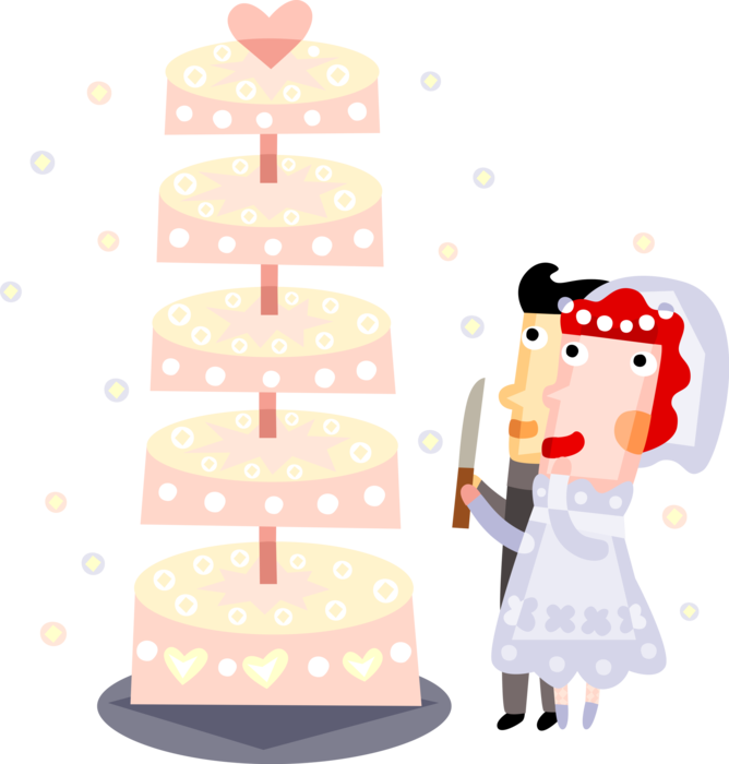 Vector Illustration of Bride and Groom Cut Wedding Cake with Knife at Wedding Reception After Marriage Ceremony