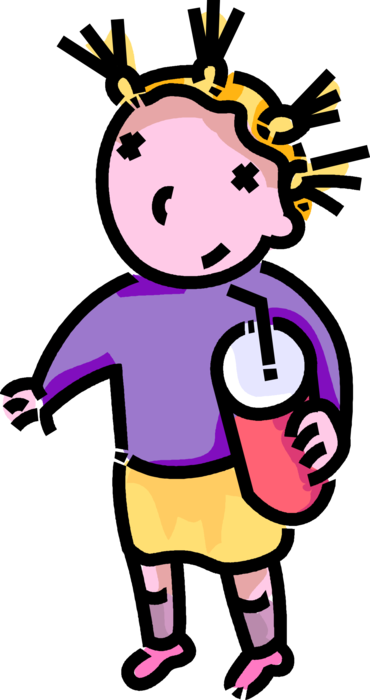 Vector Illustration of Primary or Elementary School Student Girl Drinks Soft Drink Soda Pop with Drinking Straw