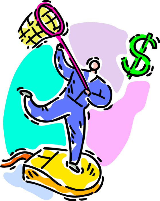 Vector Illustration of Businessman Chases Cash Money Dollar Sign with Butterfly Net and Computer Mouse Pointing Device