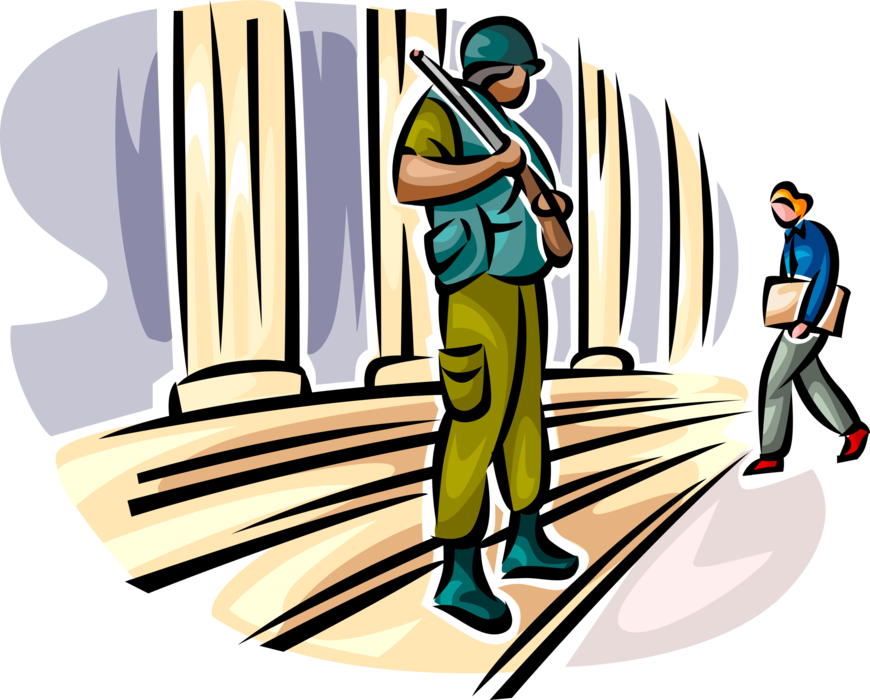 Vector Illustration of Heavily Armed United States Military Marine Stands Guard at Government Building