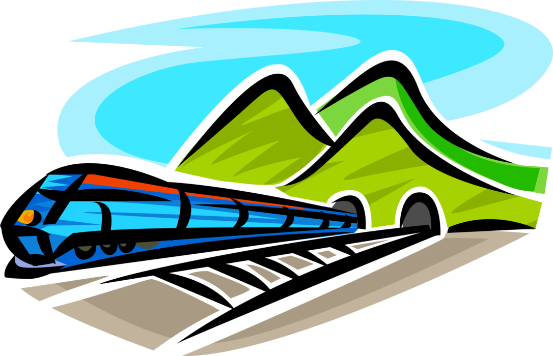 Vector Illustration of Railroad Rail Transport Speeding Locomotive Railway Train Exits Tunnel from Mountain