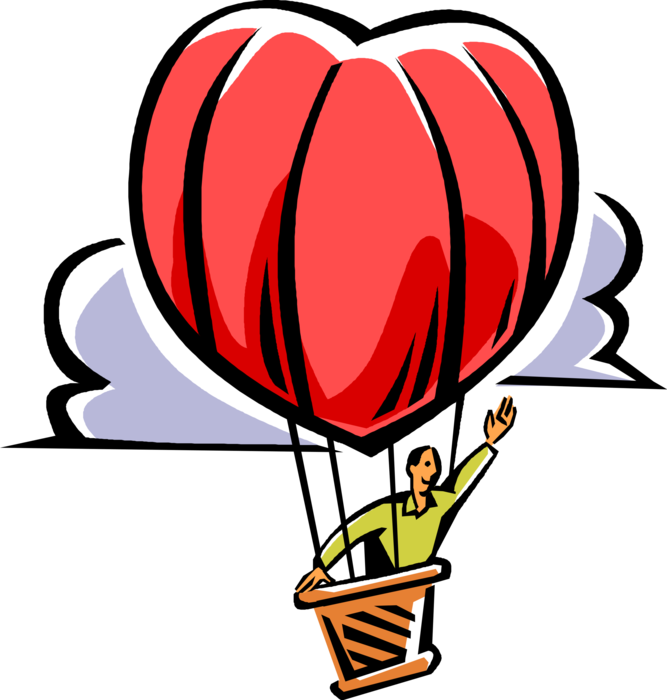 Vector Illustration of Romantic Amorous Man Waves from Heart Shaped Hot Air Balloon in Clouds