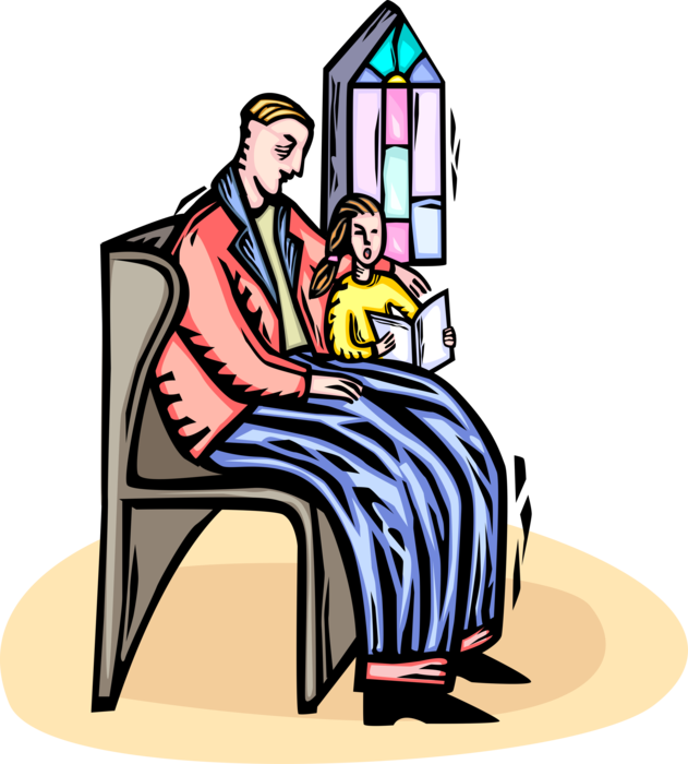 Vector Illustration of Family Sit in Church Pew During Religious Service