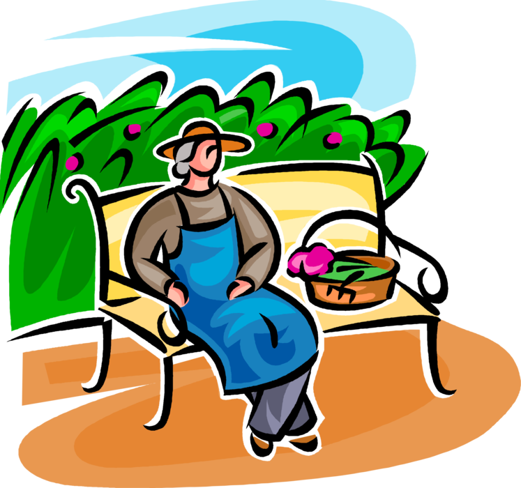 Vector Illustration of Gardener Takes Break Resting on Park Bench with Cut Flowers