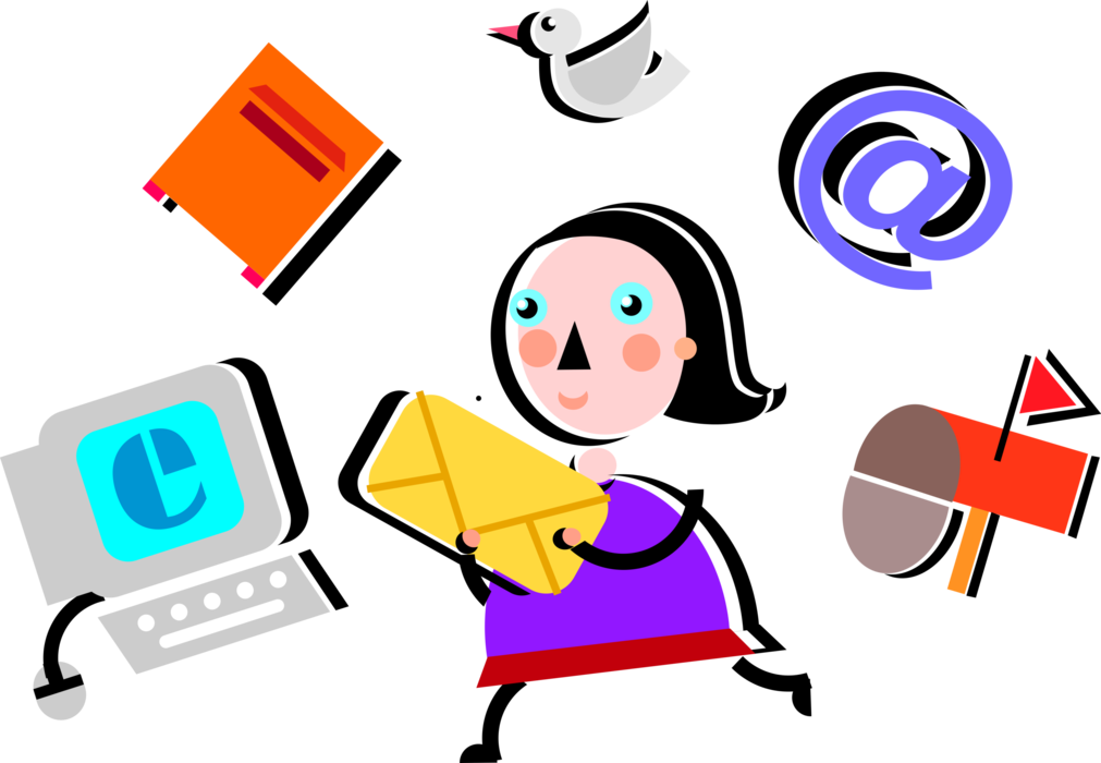 Vector Illustration of Busy Businesswoman at Work Handles Multiple Tasks with Electronic Email Mail
