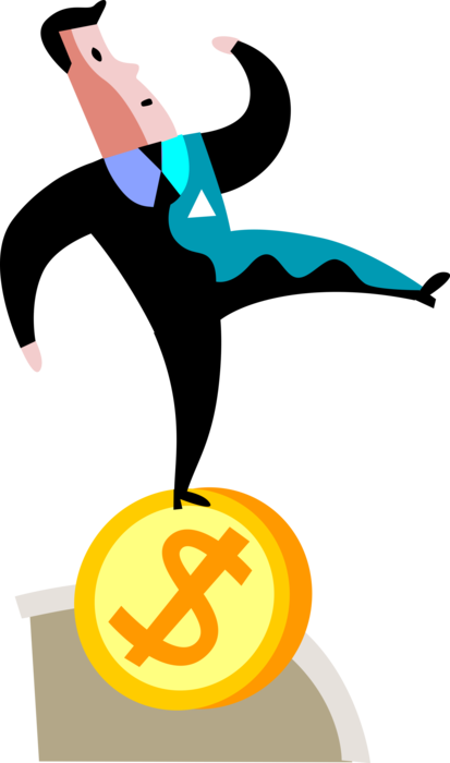 Vector Illustration of Businessman Balances on Financial Cash Money Dollar Coin