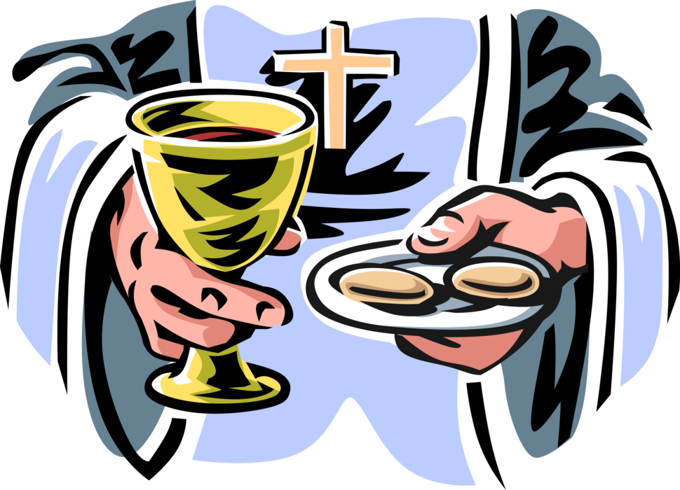 Vector Illustration of Christian Religion Catholic Priest Serves Communion Wine and Hosts During Mass Religious Service