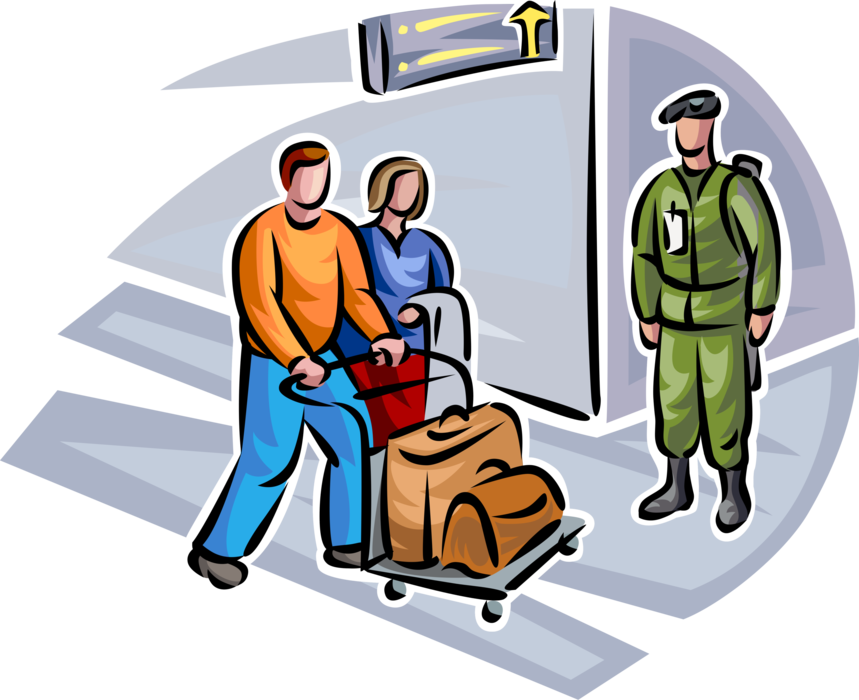 Vector Illustration of United States Military Soldier Protects Air Travel Passengers in Airport Terminal