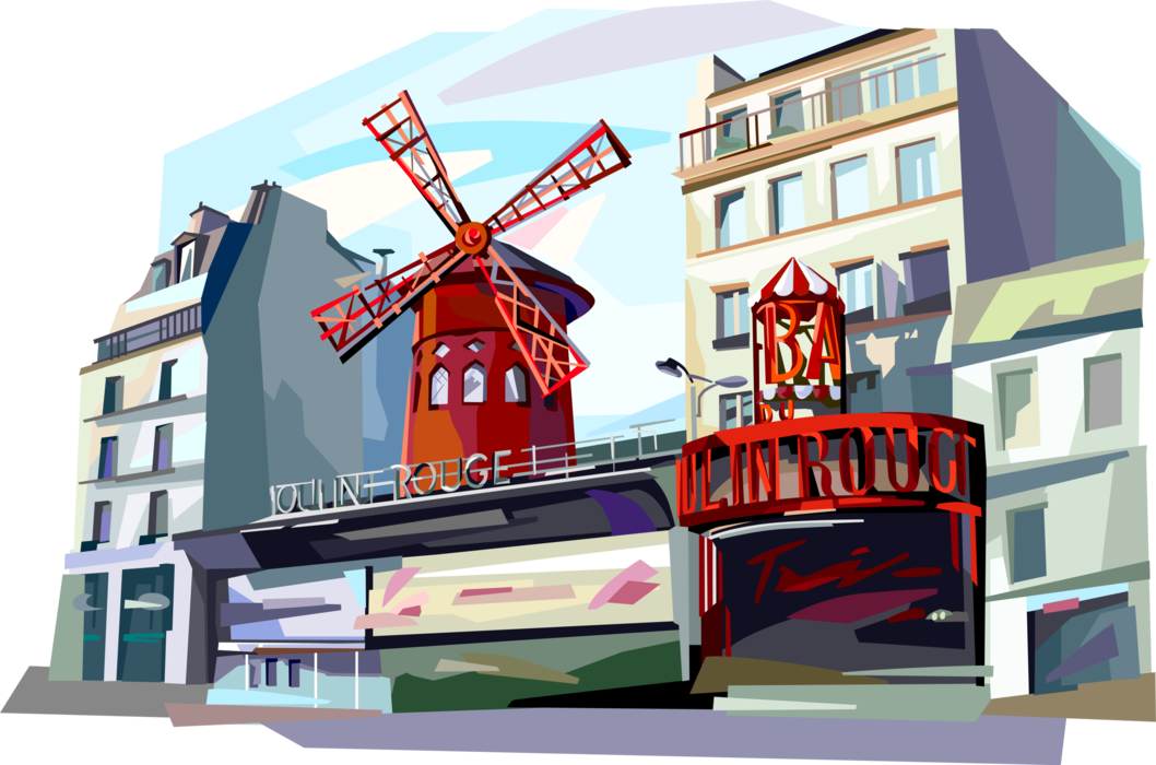 Vector Illustration of Moulin Rouge Cabaret, Paris, France 