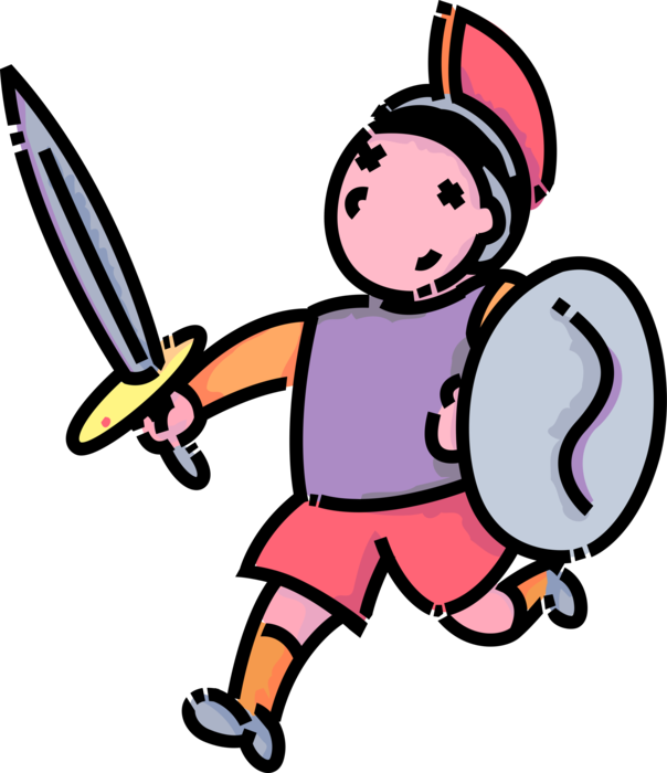 Vector Illustration of Primary or Elementary School Student Boy Dressed in Roman Centurion Soldier Costume with Shield and Sword