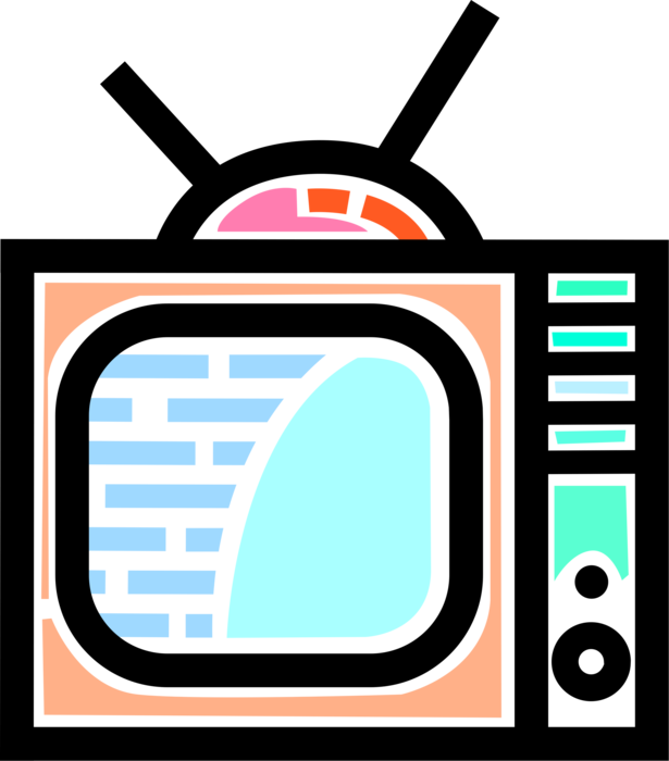 Vector Illustration of Television or TV Set Telecommunication Mass Medium with Rabbit Ears Antenna