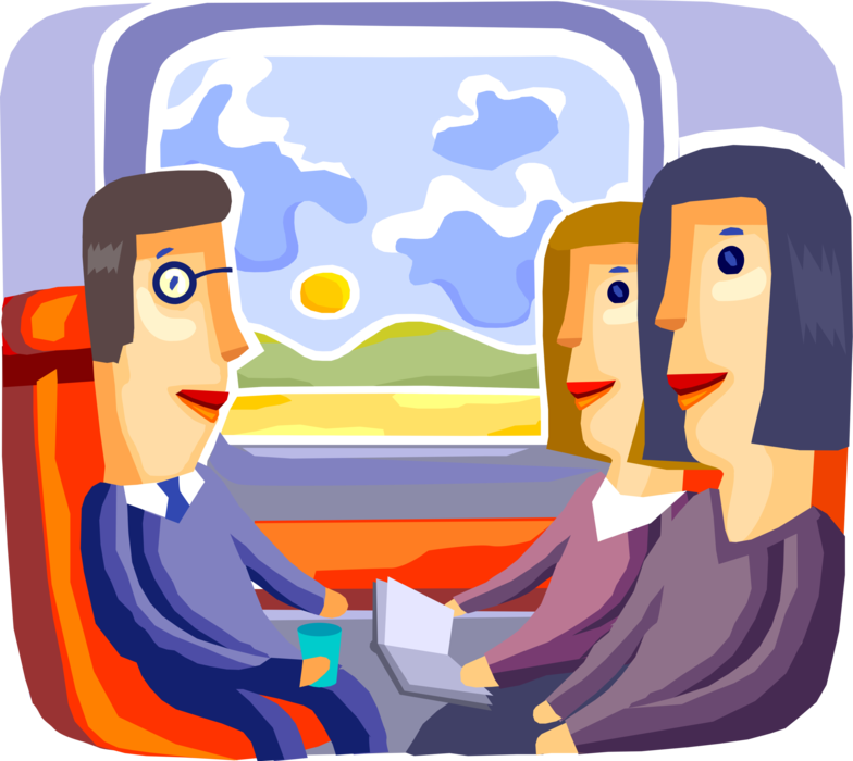 Vector Illustration of Passenger Commuter Travelers Travel on Railroad Rail Transport Locomotive Railway Train