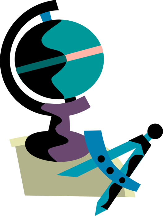 Vector Illustration of Three-Dimensional, Spherical, Scale Model Terrestrial Geographical World Globe with Geometry Compass