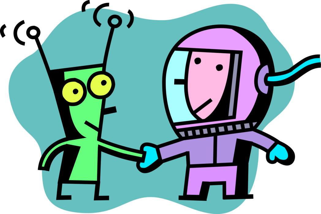 Vector Illustration of Astronaut Shakes Hands with Outer Space Extraterrestrial Alien