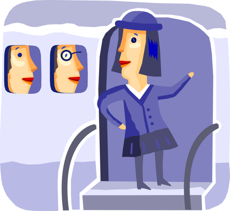 Vector Illustration of Commercial Airline Flight Attendant Closes Jet Aircraft Airplane Door with Passengers Aboard