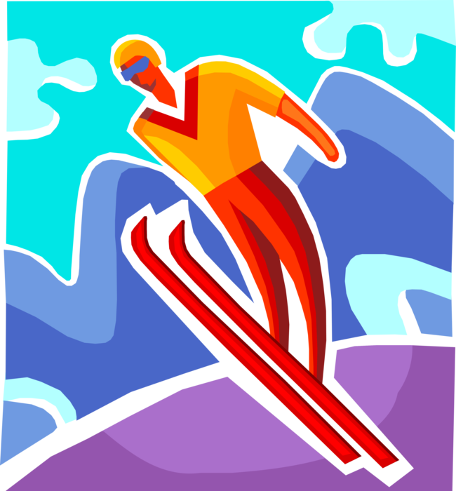 Vector Illustration of Alpine Ski Jumper Catches Some Air While Ski Jumping in Mountains